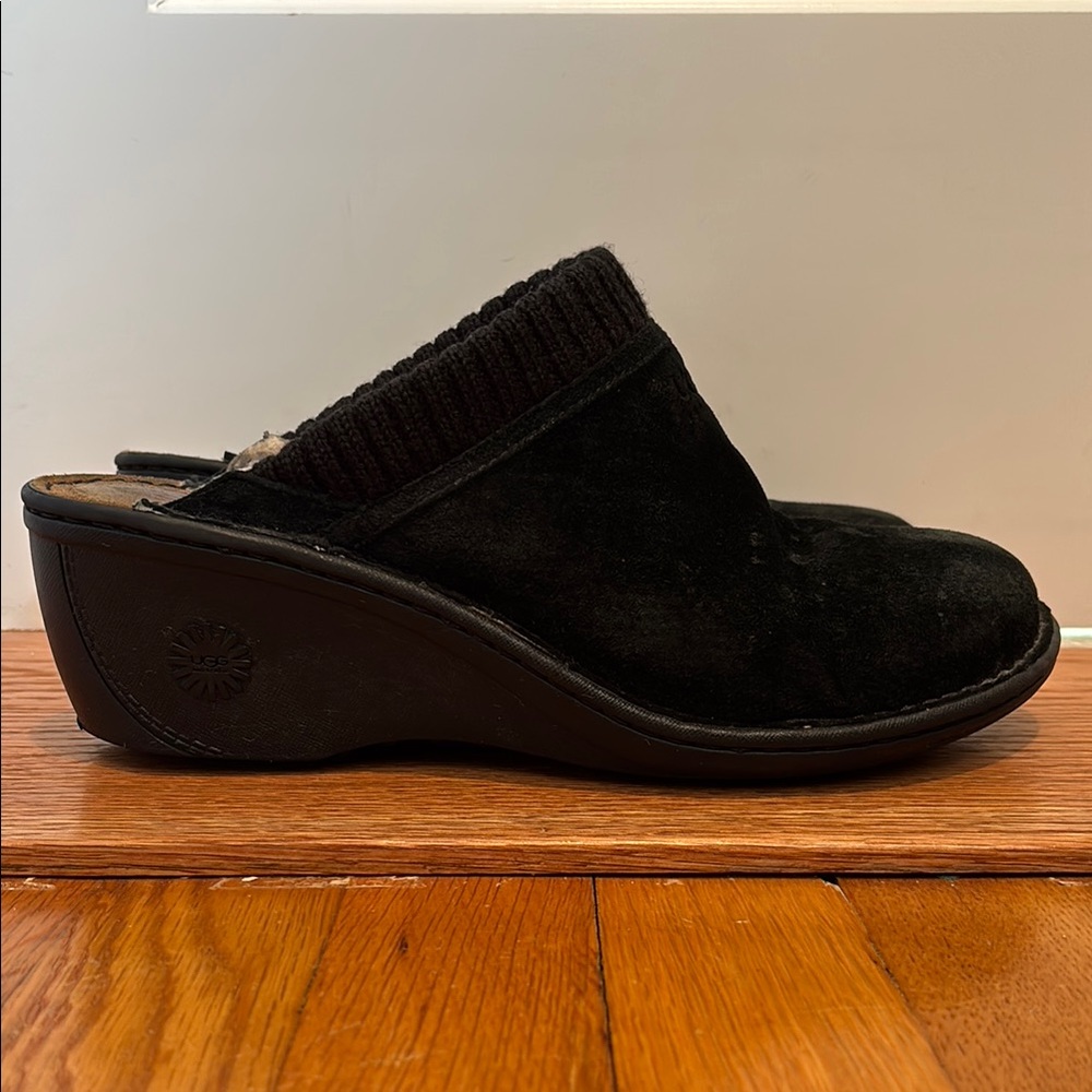 UGG Black Suede Wedge Clog Mules